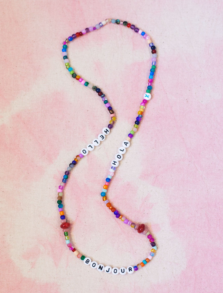 rainbow seed bead semi precious hello necklace