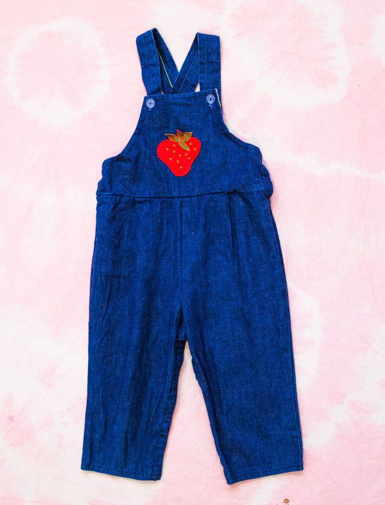 joey rainbow vintage overalls with appliqué strawberry on front pocket