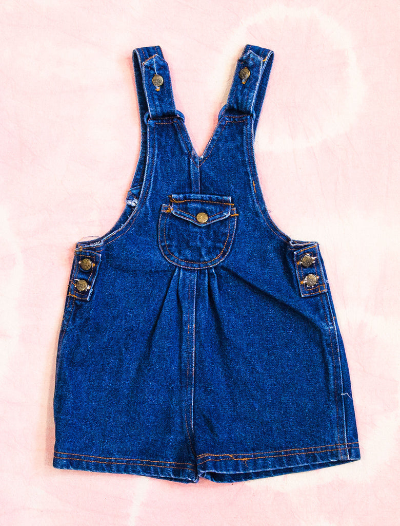 joey rainbow vintage 70s blue jean overall with gathered mid section, mini front pocket and brass buttons