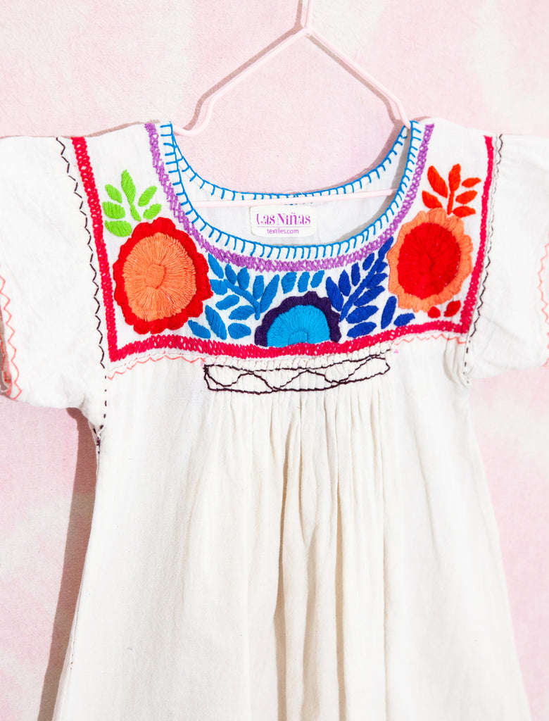 joey rainbow kids vintage natural with rainbow thread Mexican artisan embroidered dress