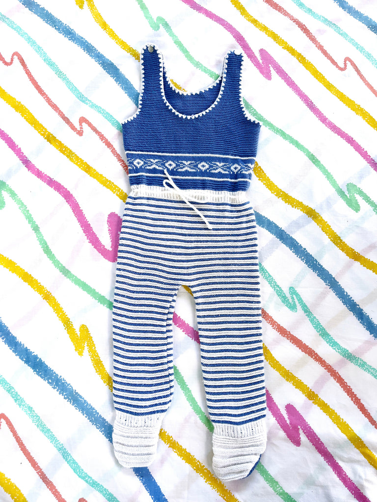 VINTAGE NANA KNIT ONSIE - WHITE / BLUE - 6-12 MONTHS