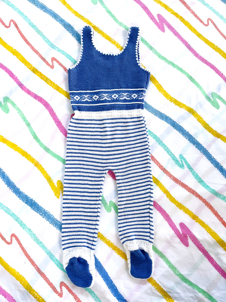 VINTAGE NANA KNIT ONSIE - WHITE / BLUE - 6-12 MONTHS