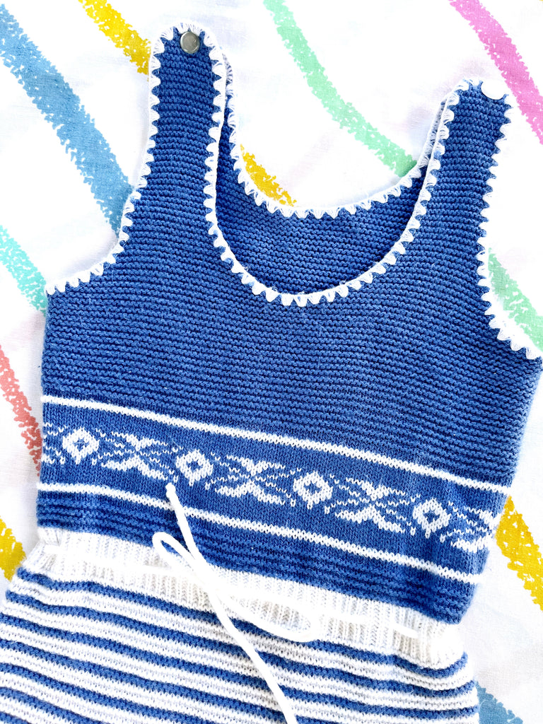 VINTAGE NANA KNIT ONSIE - WHITE / BLUE - 6-12 MONTHS