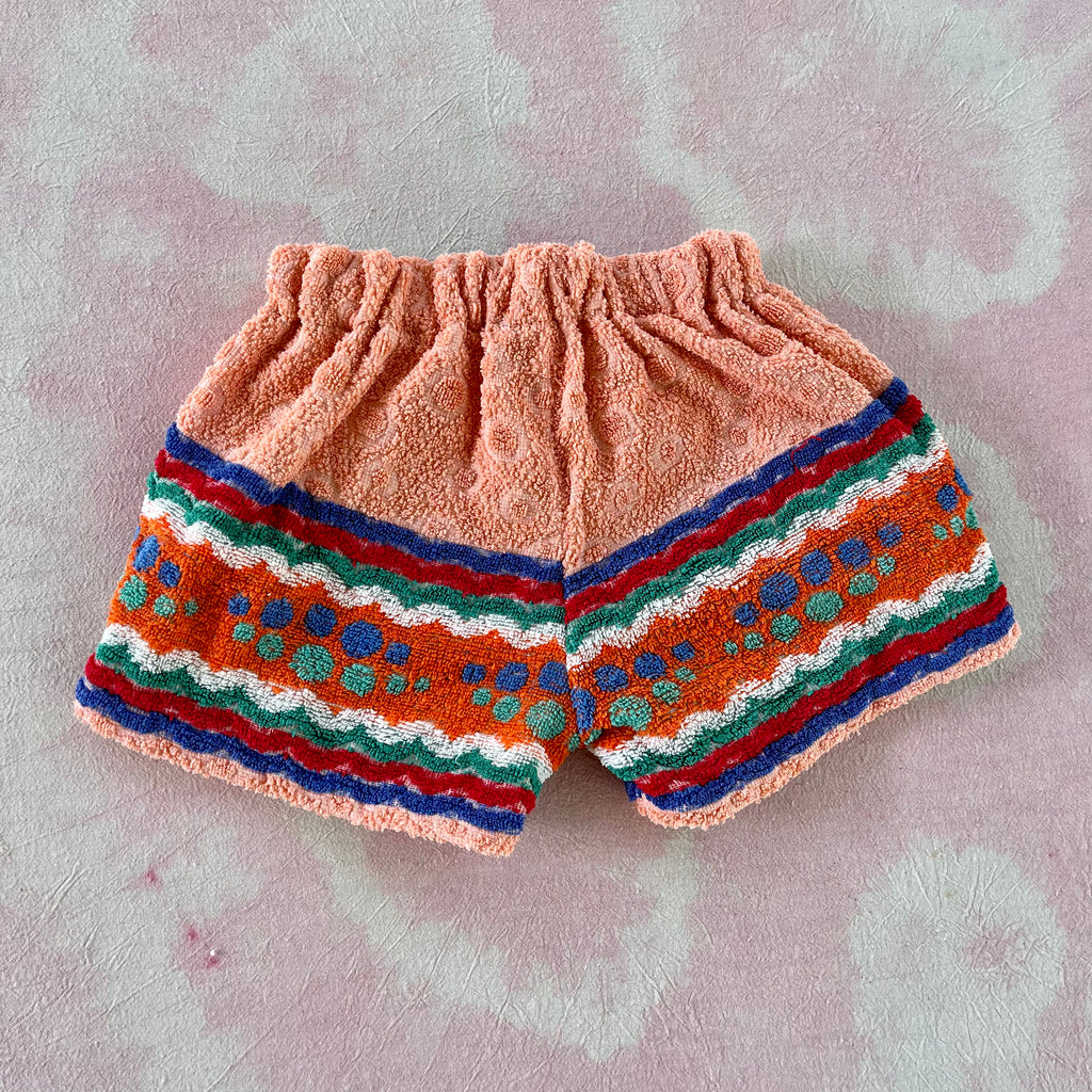 JOEY VINTAGE TOWEL SHORTS - 60'S CORAL MULTI DOTS + STRIPES  - 3-4 YEARS