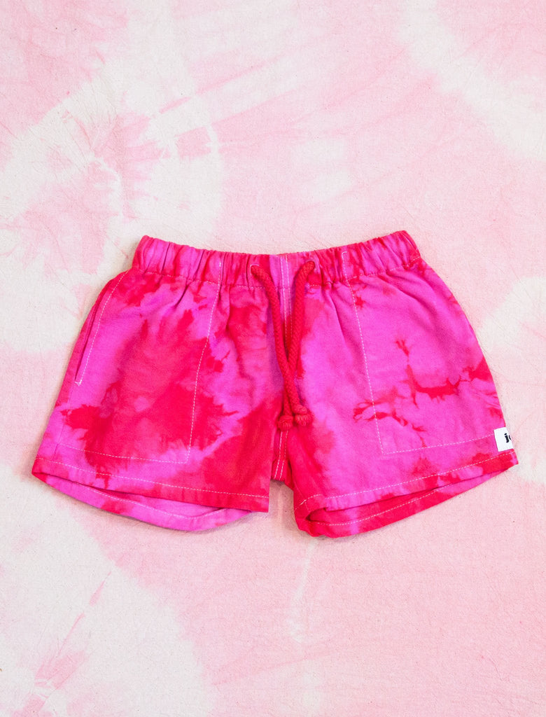 joey rainbow handmade pink and red tie dye linen shorts