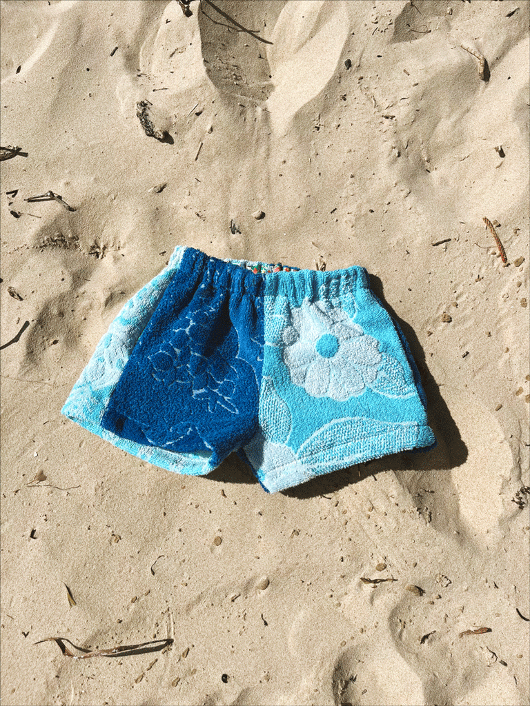 JOEY VINTAGE TOWEL SHORTS - BLUE ON BLUE LAGOON  - 2-3 YEARS