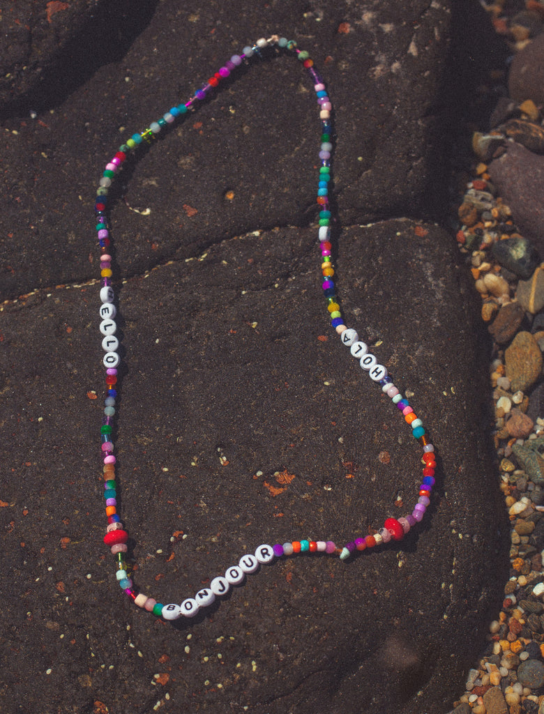 rainbow seed bead semi precious hello necklace