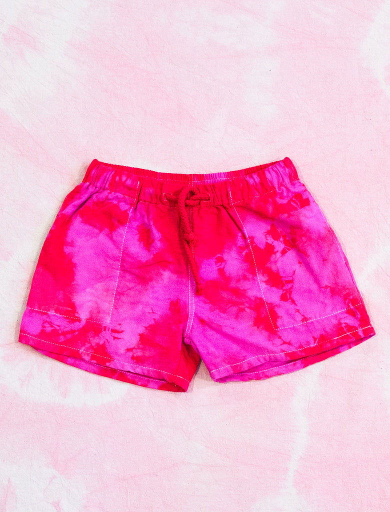 joey rainbow hand made red and hot pink tie dyed linen elastic waist drawstring shorts  with pockets