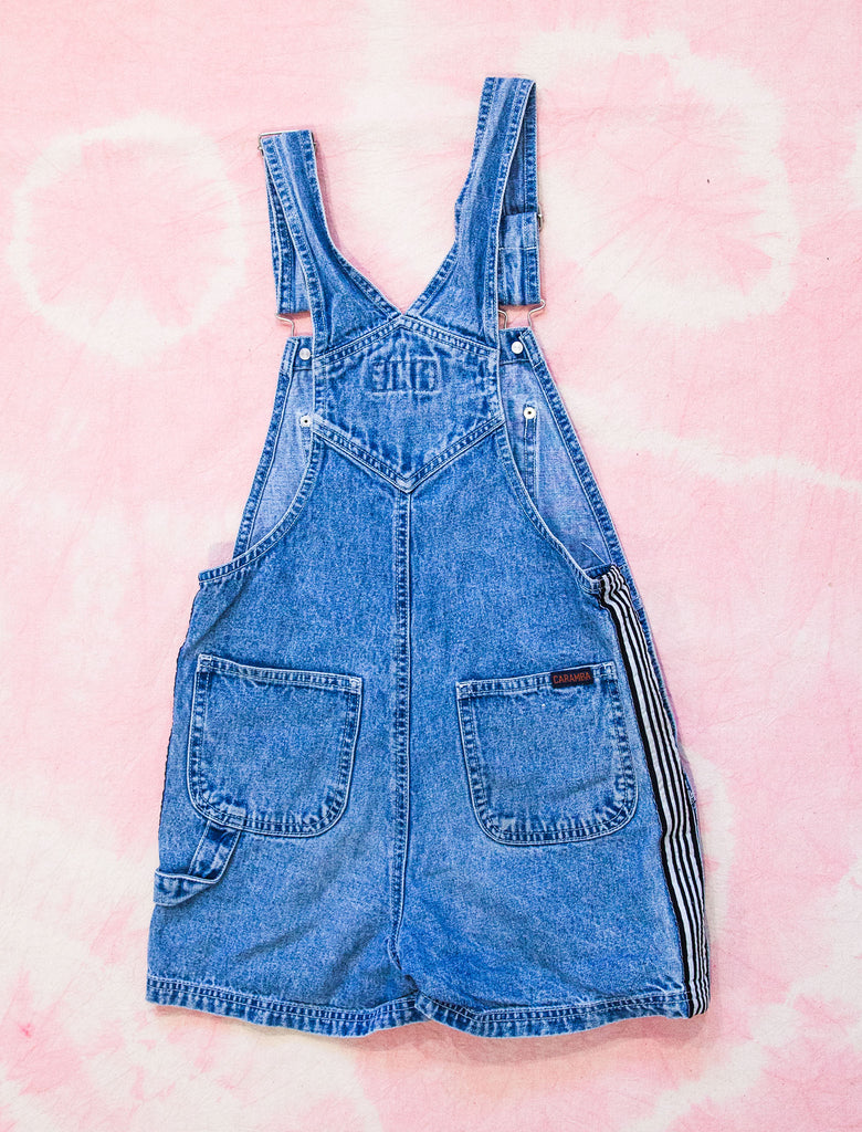 joey rainbow. vintage. 90s denim shortall overalls