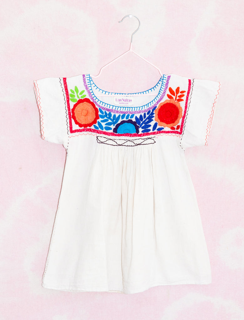 joey rainbow kids vintage natural with rainbow thread Mexican artisan embroidered dress